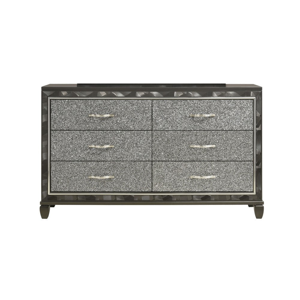 Ren 65 Inch Wide Dresser 6 Glitter Front Storage Drawers Black Silver By Casagear Home BM316125