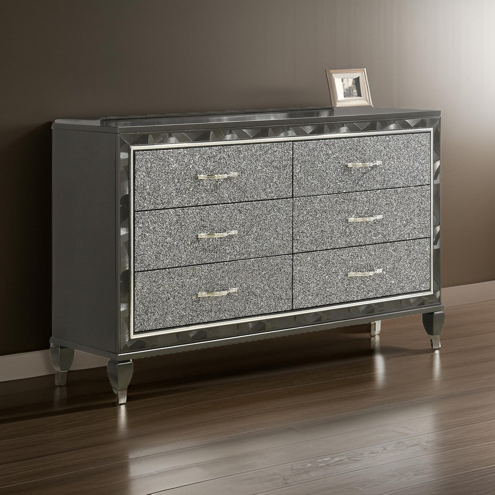 Ren 65 Inch Wide Dresser 6 Glitter Front Storage Drawers Black Silver By Casagear Home BM316125