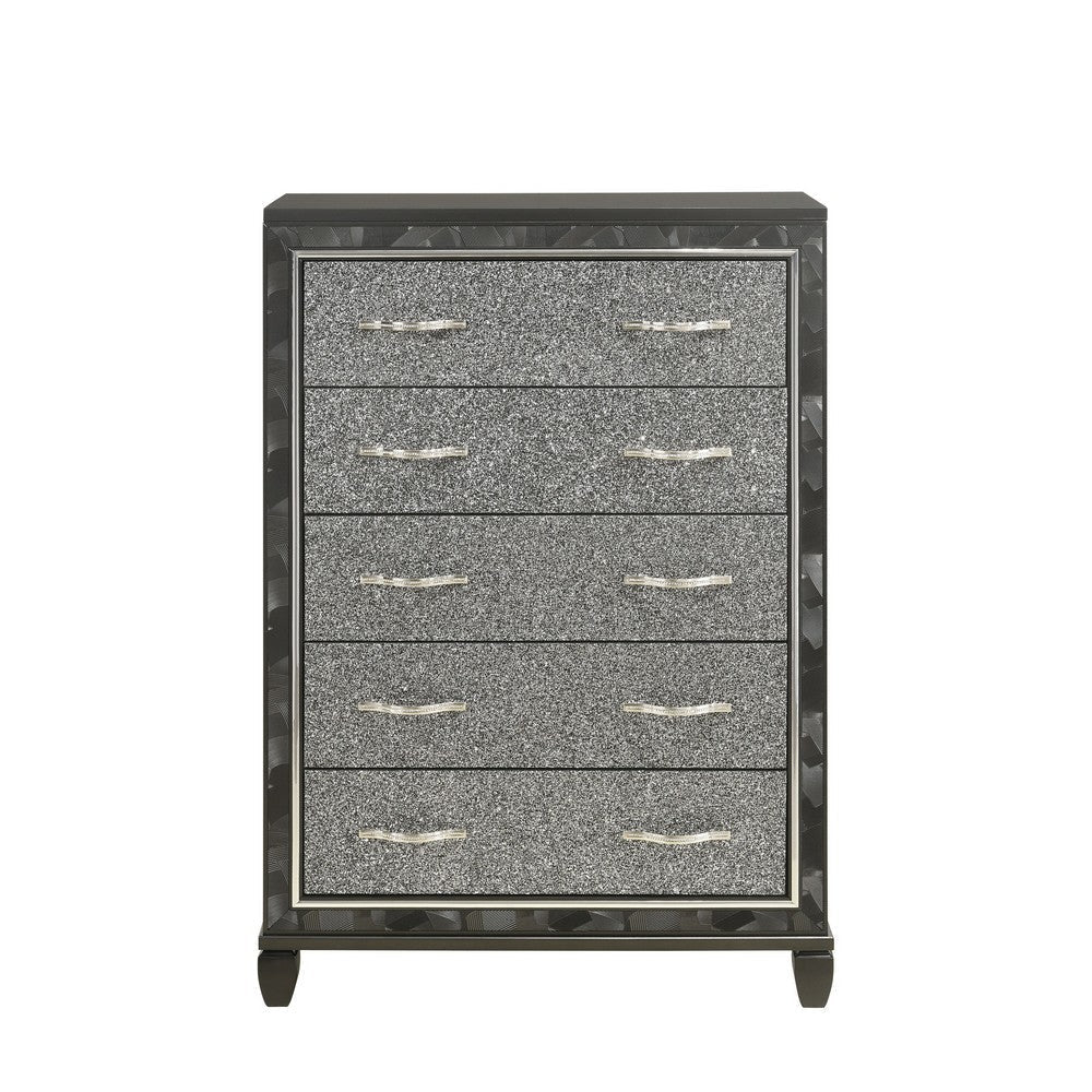 Ren 58 Inch Tall Dresser Chest 5 Glitter Front Drawers Black Silver By Casagear Home BM316126