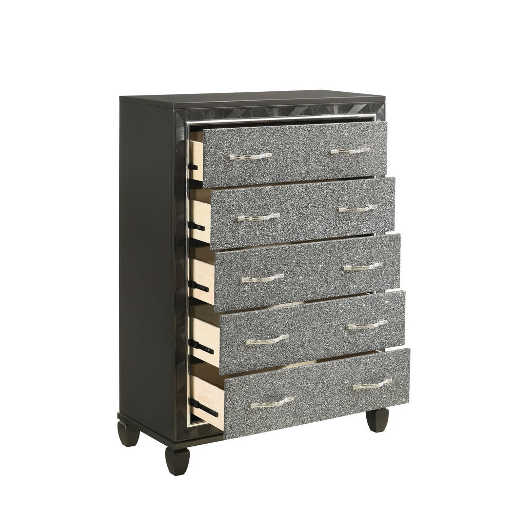 Ren 58 Inch Tall Dresser Chest 5 Glitter Front Drawers Black Silver By Casagear Home BM316126