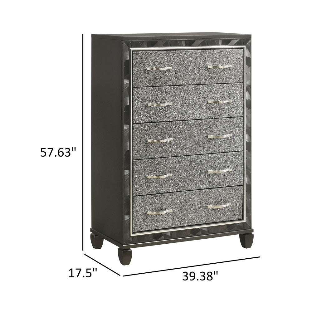 Ren 58 Inch Tall Dresser Chest 5 Glitter Front Drawers Black Silver By Casagear Home BM316126