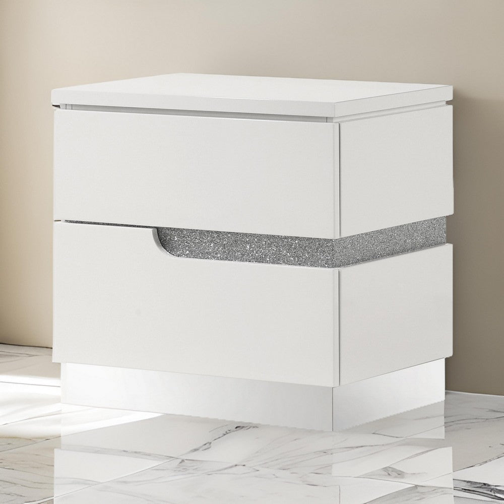 Ara 23 Inch Nightstand, 2 Drawers, Crystal Accents, White Laminate Finish By Casagear Home