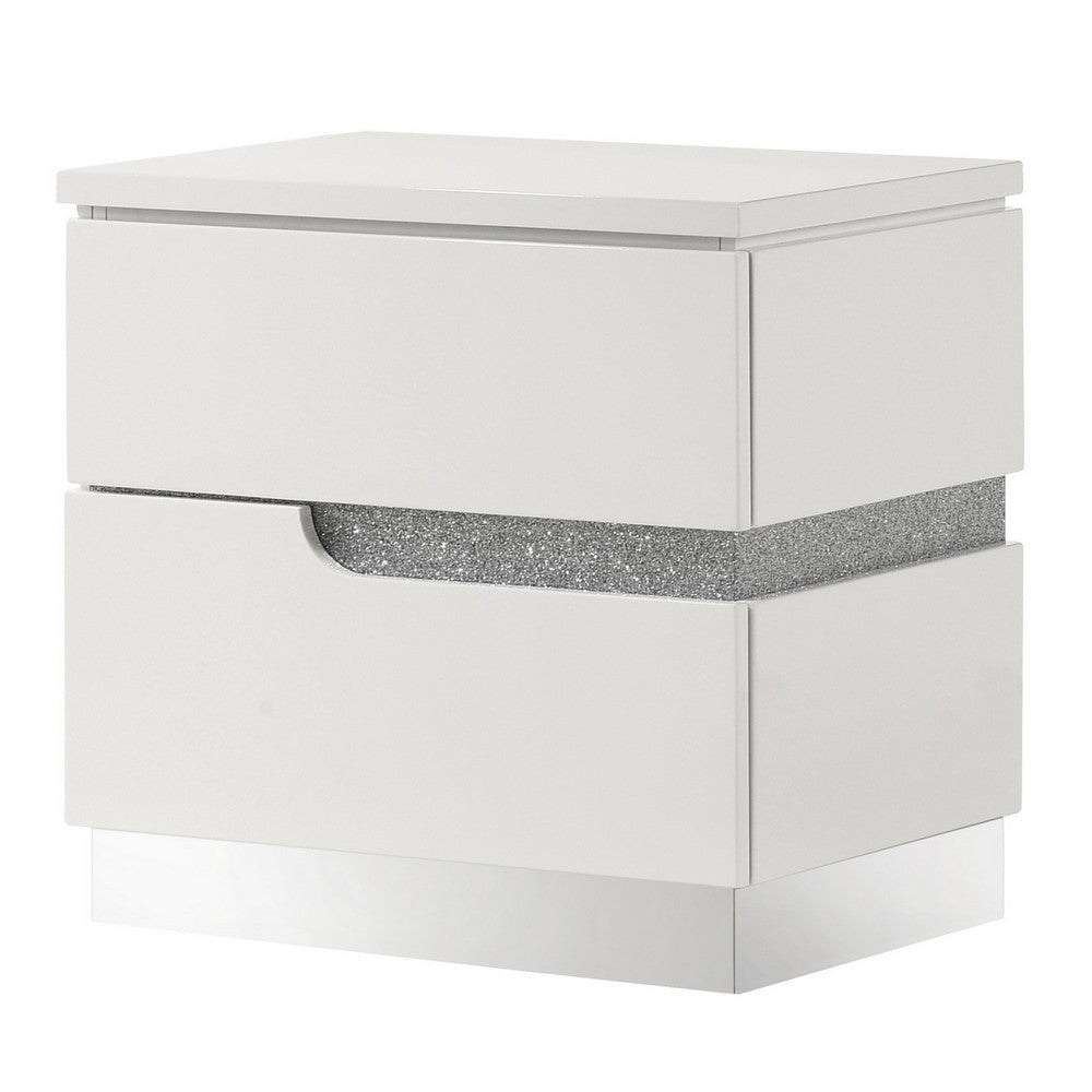 Ara 23 Inch Nightstand 2 Drawers Crystal Accents White Laminate Finish By Casagear Home BM316130