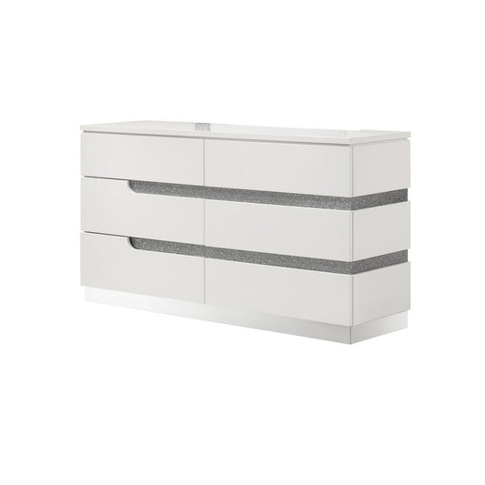 Ara 63 Inch Wide Dresser, 6 Drawers, Crystal Accents, White Laminate Finish By Casagear Home