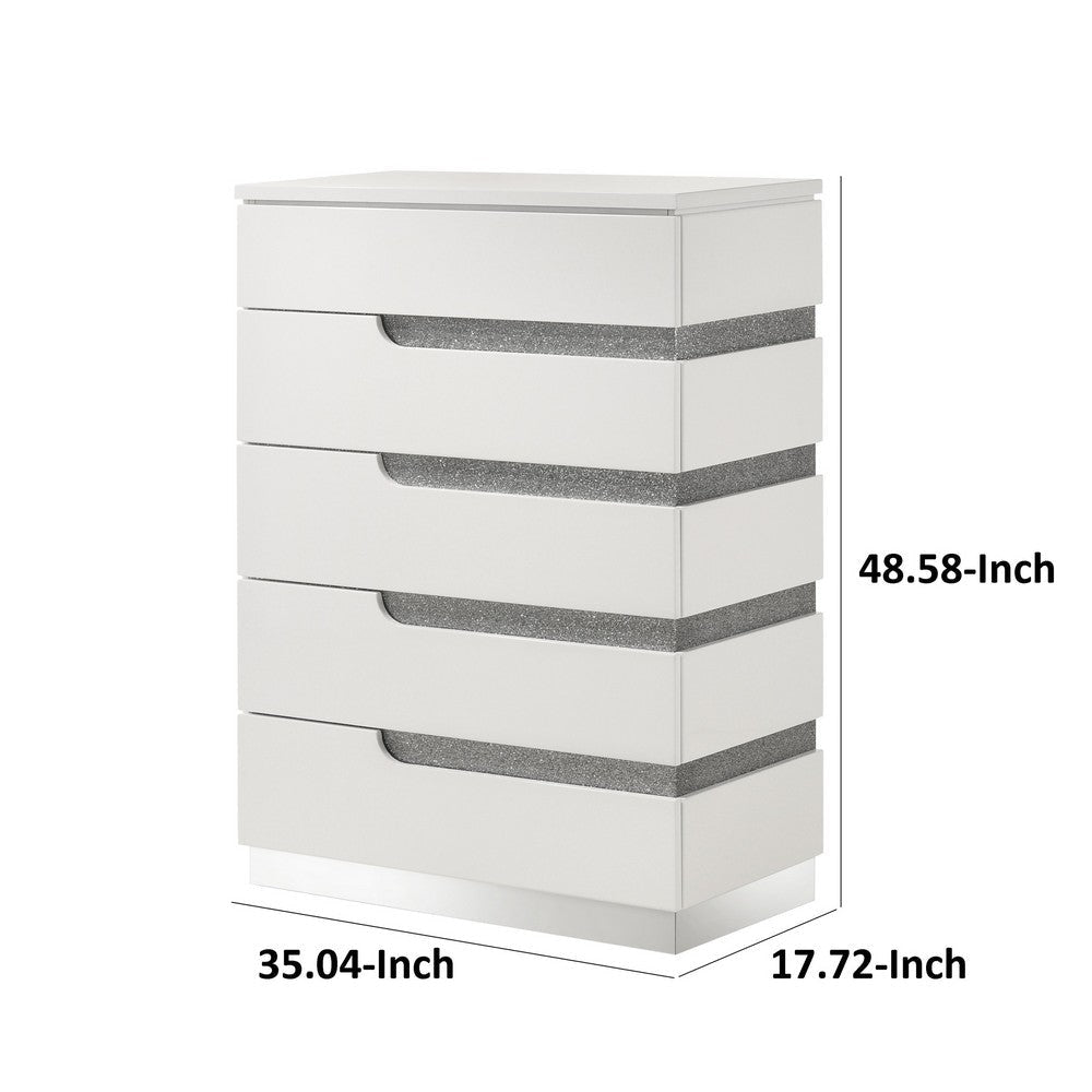 Ara 49 Inch Tall Dresser Chest 5 Drawers Crystal Accents Glossy White By Casagear Home BM316133