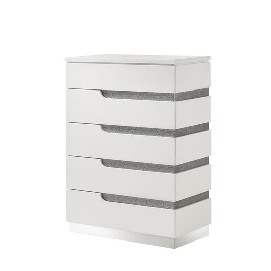 Ara 49 Inch Tall Dresser Chest, 5 Drawers, Crystal Accents, Glossy White By Casagear Home