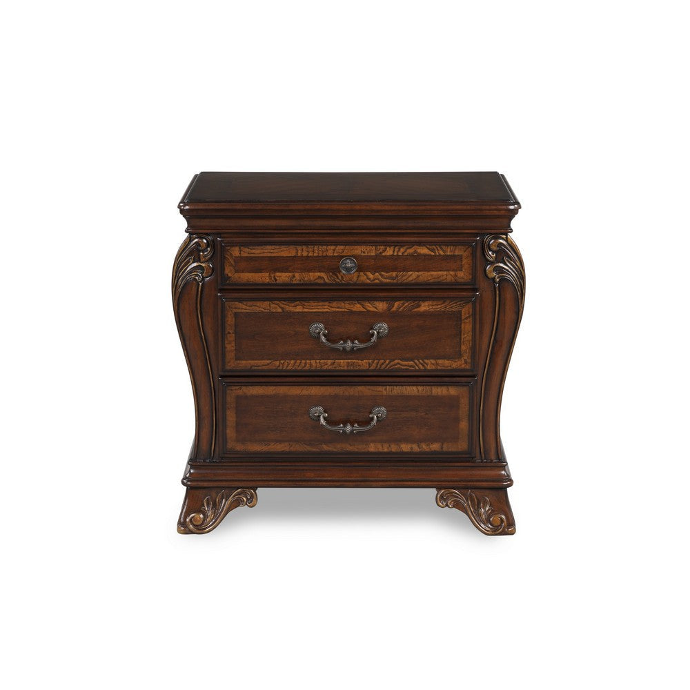 Cali 30 Inch Nightstand 3 Drawers 2 Drop Handles Gold Cherry Brown By Casagear Home BM316134