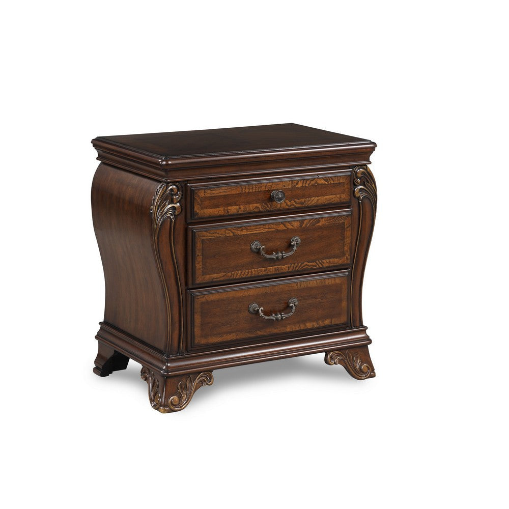 Cali 30 Inch Nightstand 3 Drawers 2 Drop Handles Gold Cherry Brown By Casagear Home BM316134