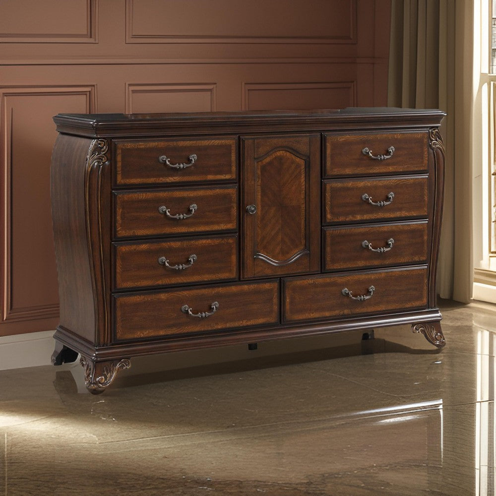 Cali 68 Inch Dresser 8 Drawers Cabinet Drop Handles Gold Cherry Brown By Casagear Home BM316135