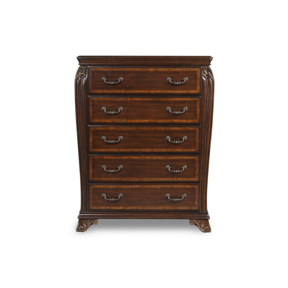 Cali 50 Inch Chest 5 Drawers 10 Drop Handles Carved Gold Cherry Brown By Casagear Home BM316137