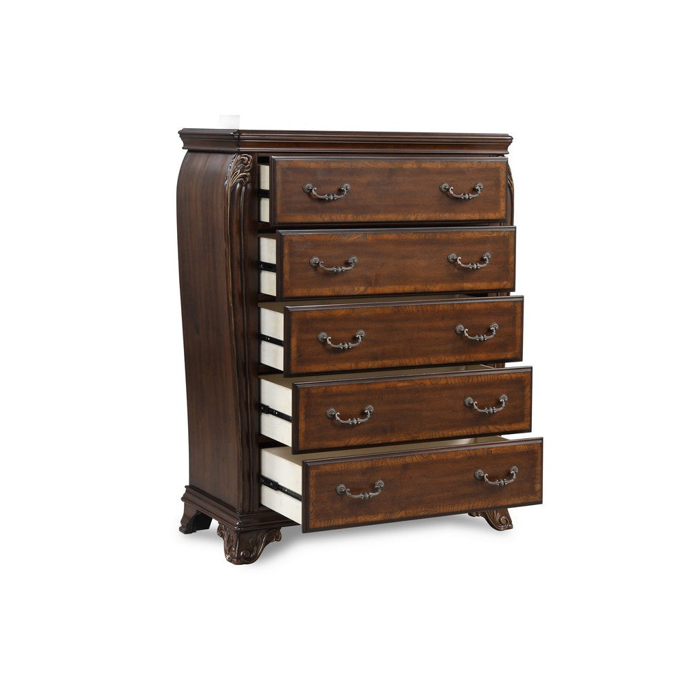 Cali 50 Inch Chest 5 Drawers 10 Drop Handles Carved Gold Cherry Brown By Casagear Home BM316137