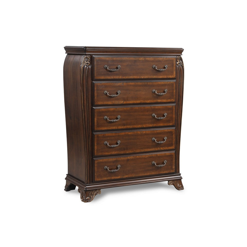 Cali 50 Inch Chest, 5 Drawers, 10 Drop Handles, Carved, Gold, Cherry Brown By Casagear Home