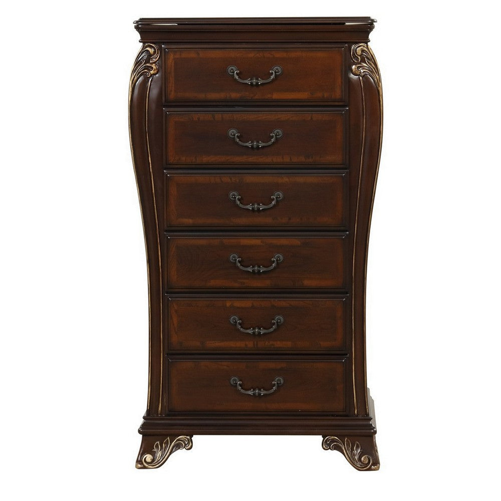 Cali 48 Inch Jewelry Chest 6 Drawers Drop Handles Carved Cherry Brown By Casagear Home BM316138