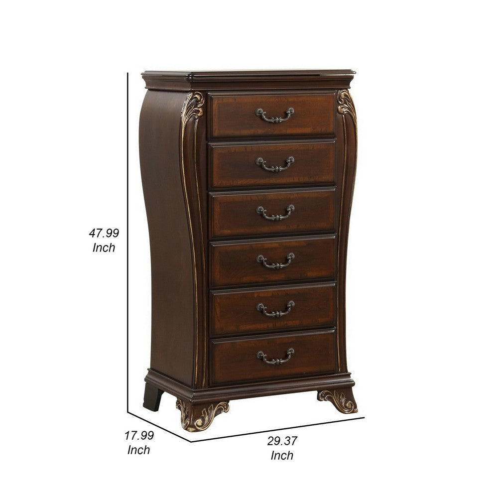 Cali 48 Inch Jewelry Chest 6 Drawers Drop Handles Carved Cherry Brown By Casagear Home BM316138