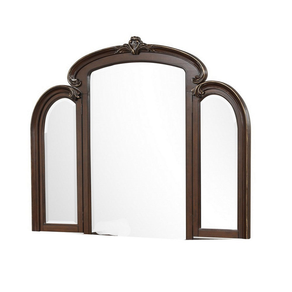 Cali 31 x 66 Vanity Mirror Curved Top Carved Design Cherry Brown Finish By Casagear Home BM316139