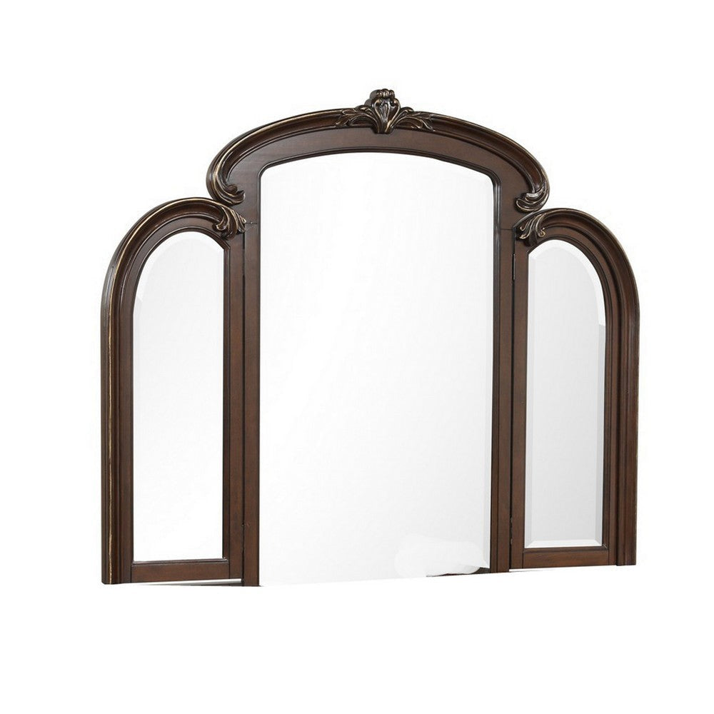 Cali 31 x 66 Vanity Mirror, Curved Top, Carved Design, Cherry Brown Finish By Casagear Home