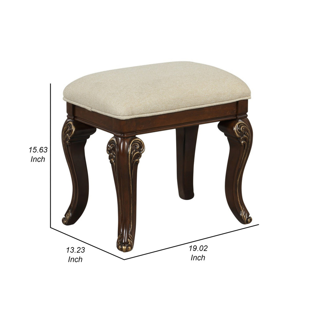 Cali 19 Inch Vanity Stool Cushioned Carved Design Cherry Brown Gold By Casagear Home BM316140