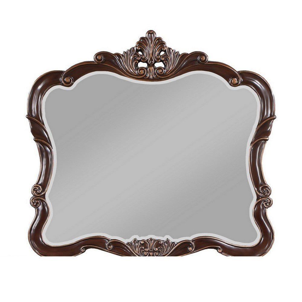 Leon 46 x 47 Dresser Mirror Beveled Carved Details Dark Walnut Finish By Casagear Home BM316146