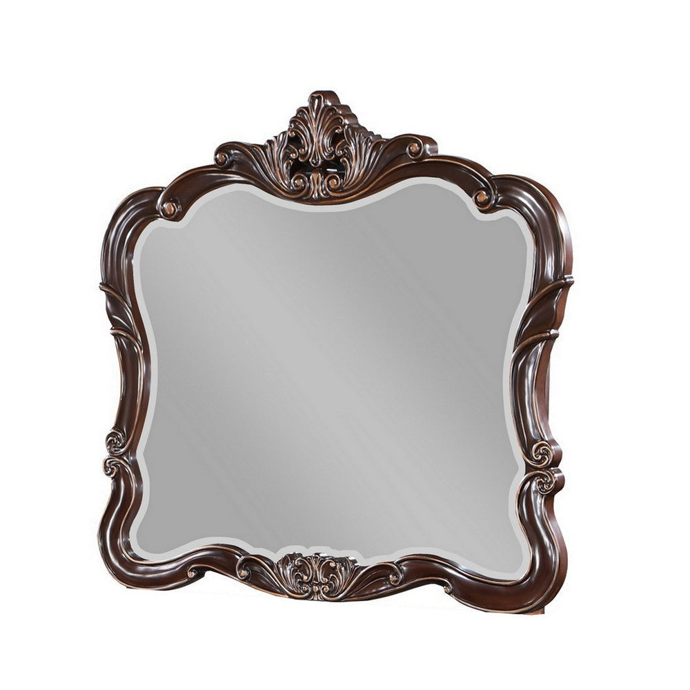 Leon 46 x 47 Dresser Mirror Beveled Carved Details Dark Walnut Finish By Casagear Home BM316146