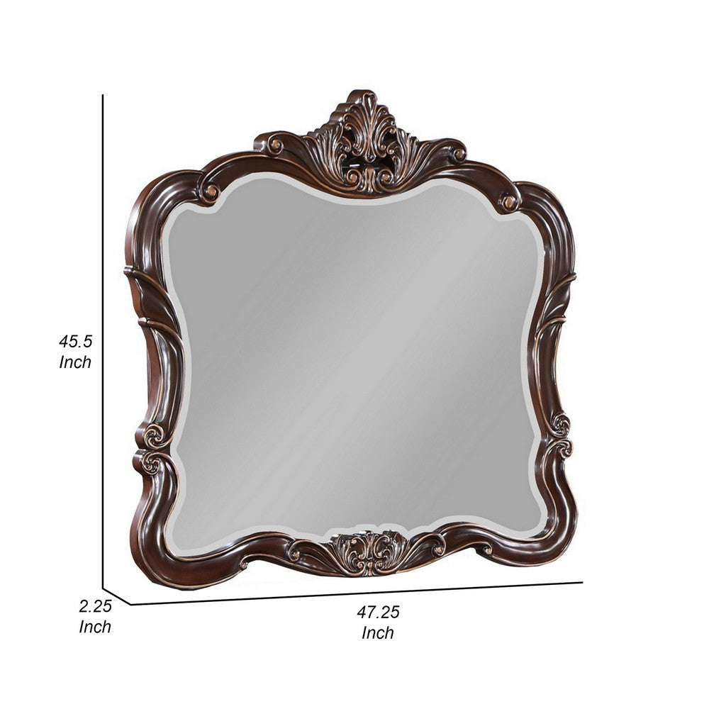 Leon 46 x 47 Dresser Mirror Beveled Carved Details Dark Walnut Finish By Casagear Home BM316146