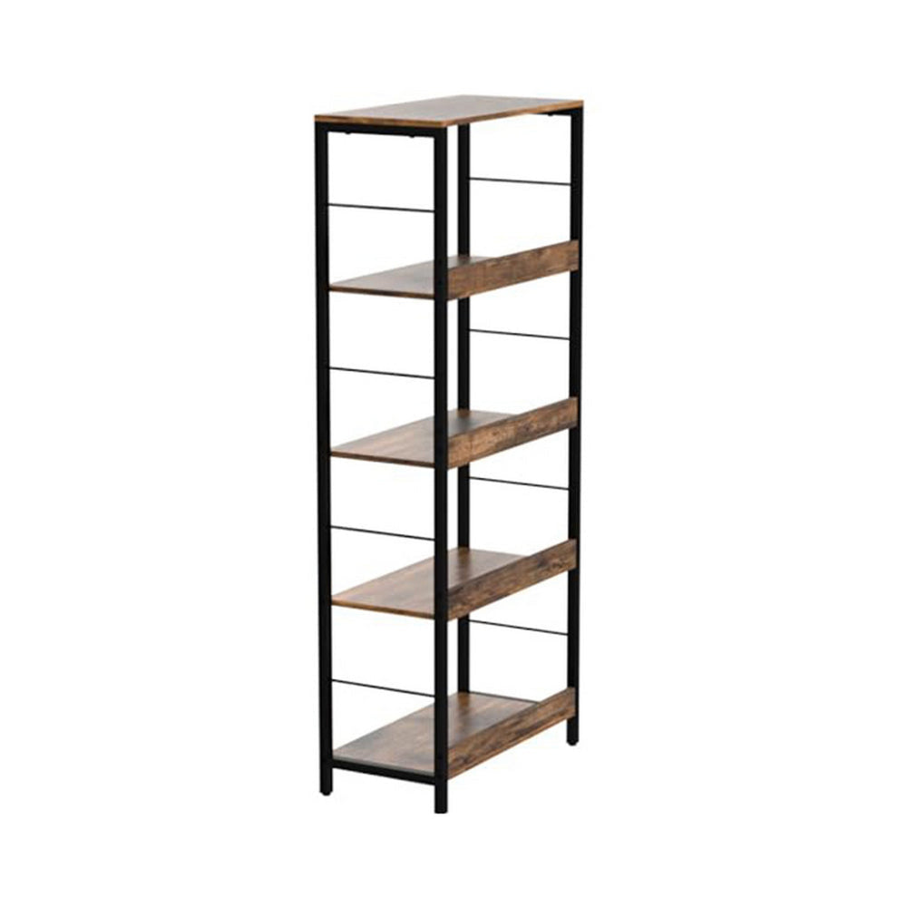 57 Inch Bookshelf 4 Open Shelves Black Steel Frame Brown Wood Finish By Casagear Home BM316211