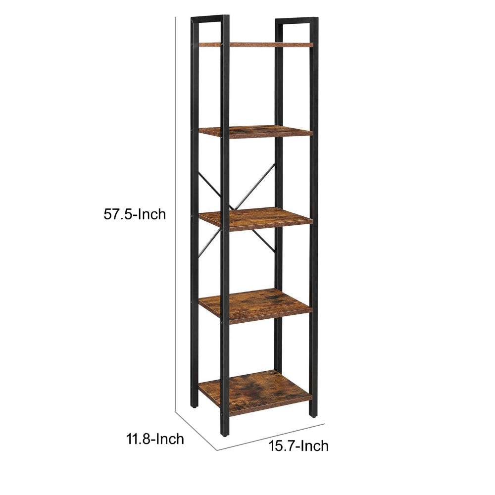 Nyx 61 Inch Bookshelf 5 Tier Storage Shelves Black Steel Brown Wood By Casagear Home BM316213