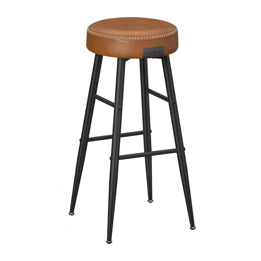 Laxy 30 Inch Barstool Set of 2 Brown Faux Leather Round Padded Seat Black By Casagear Home BM316227