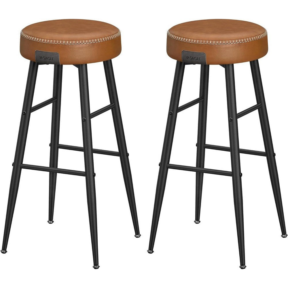 Laxy 30 Inch Barstool Set of 2 Brown Faux Leather Round Padded Seat Black By Casagear Home BM316227