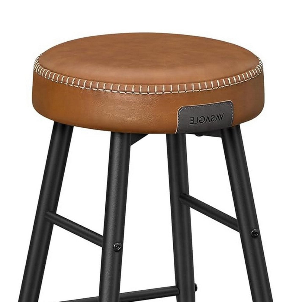 Laxy 25 Inch Counter Stool Set of 2 Brown Faux Leather Round Seat Black By Casagear Home BM316228