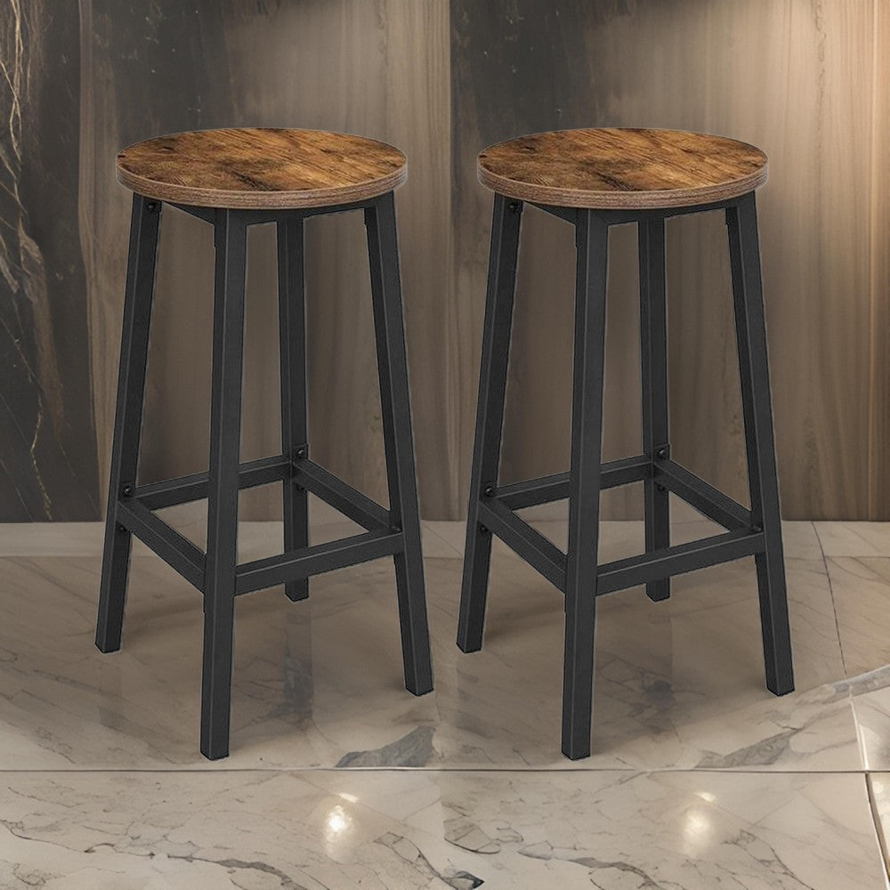 26 Inch Counter Height Stool Set of 2, Brown Round Seat, Black Steel Frame By Casagear Home