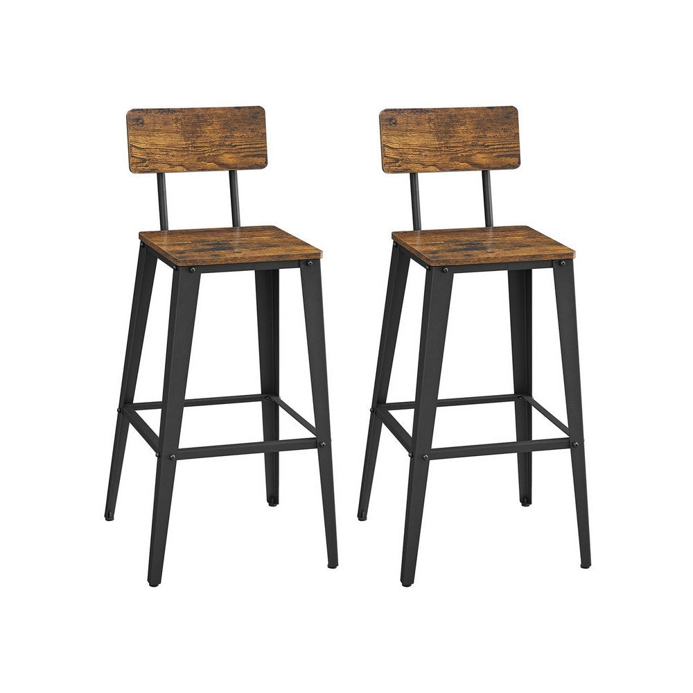 29 Inch Industrial Barstool Chair Set of 2 Panel Back Brown Black Steel By Casagear Home BM316235