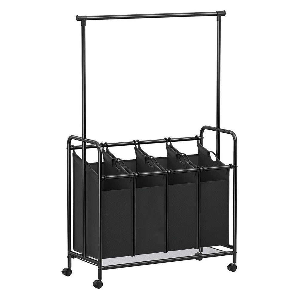 68 Inch Laundry Sorter 4 Baskets Hanging Bar Caster Wheel Black Finish By Casagear Home BM316237