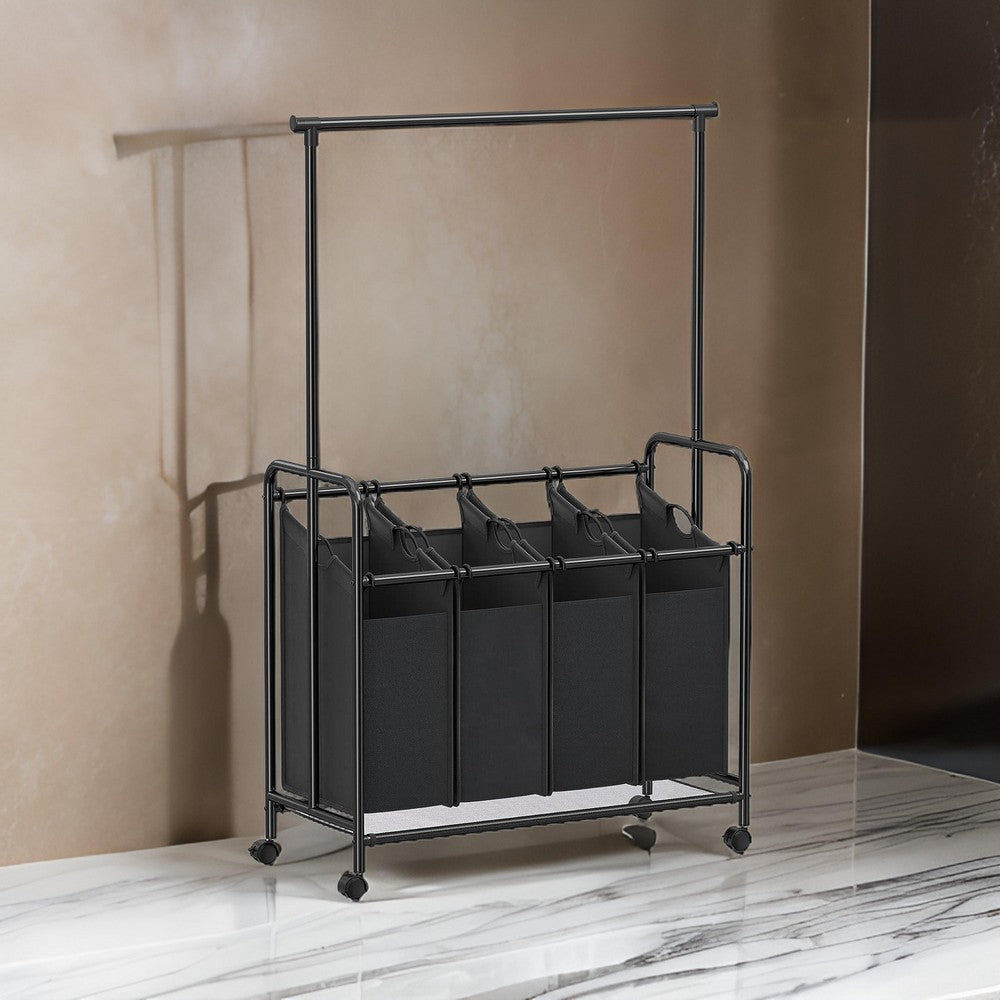 68 Inch Laundry Sorter, 4 Baskets, Hanging Bar, Caster Wheel, Black Finish By Casagear Home