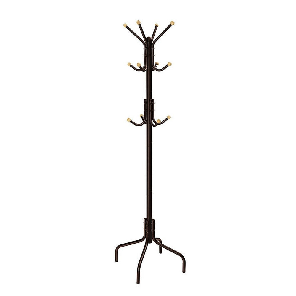 Deli 71 Inch Coat Rack 12 Hooks with Round Knobs 4 Legs Brown Metal By Casagear Home BM316243