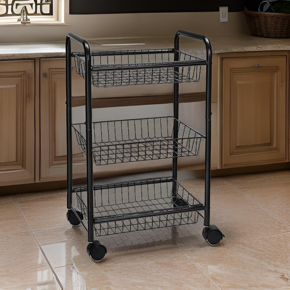 Navi 28 Inch Rolling Cart, 3 Shelves, Metal Frame, Caster Wheels, Black By Casagear Home