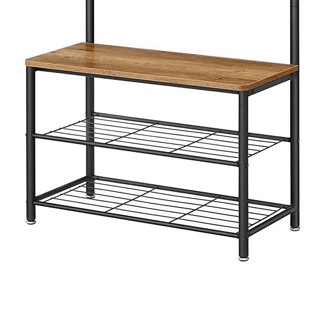 69 Inch Clothing Rack 3 Shelves 9 Hooks Square Seat Black Metal Brown By Casagear Home BM316254