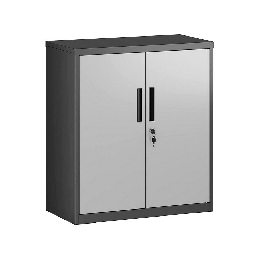 Tira 35 Inch Storage Cabinet with Lock Shelves Silver Black Metal By Casagear Home BM316262