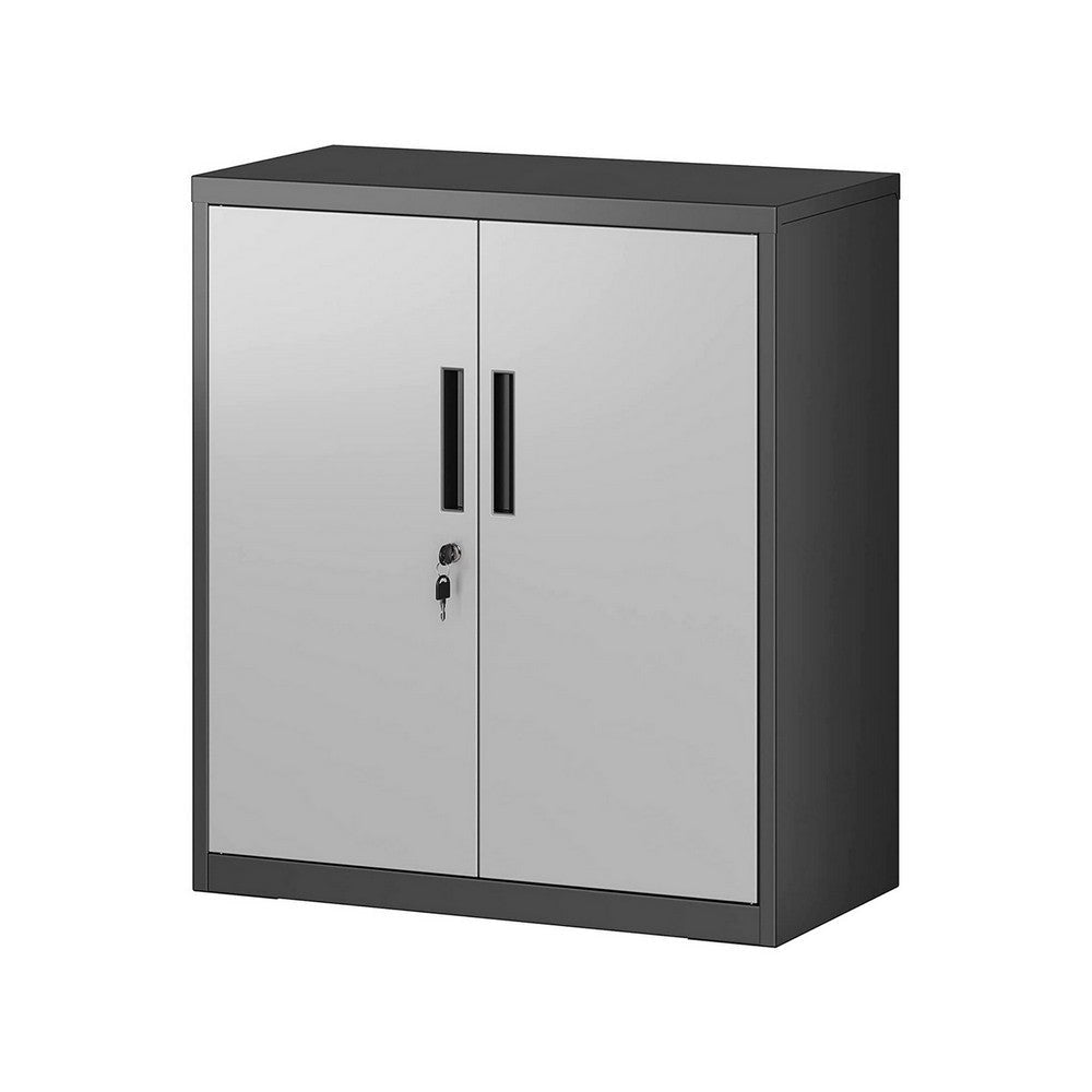 Tira 35 Inch Storage Cabinet with Lock Shelves Silver Black Metal By Casagear Home BM316262