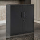 Tira 35 Inch Storage Cabinet with Lock, Shelves, Cutout Handle, Black Metal By Casagear Home