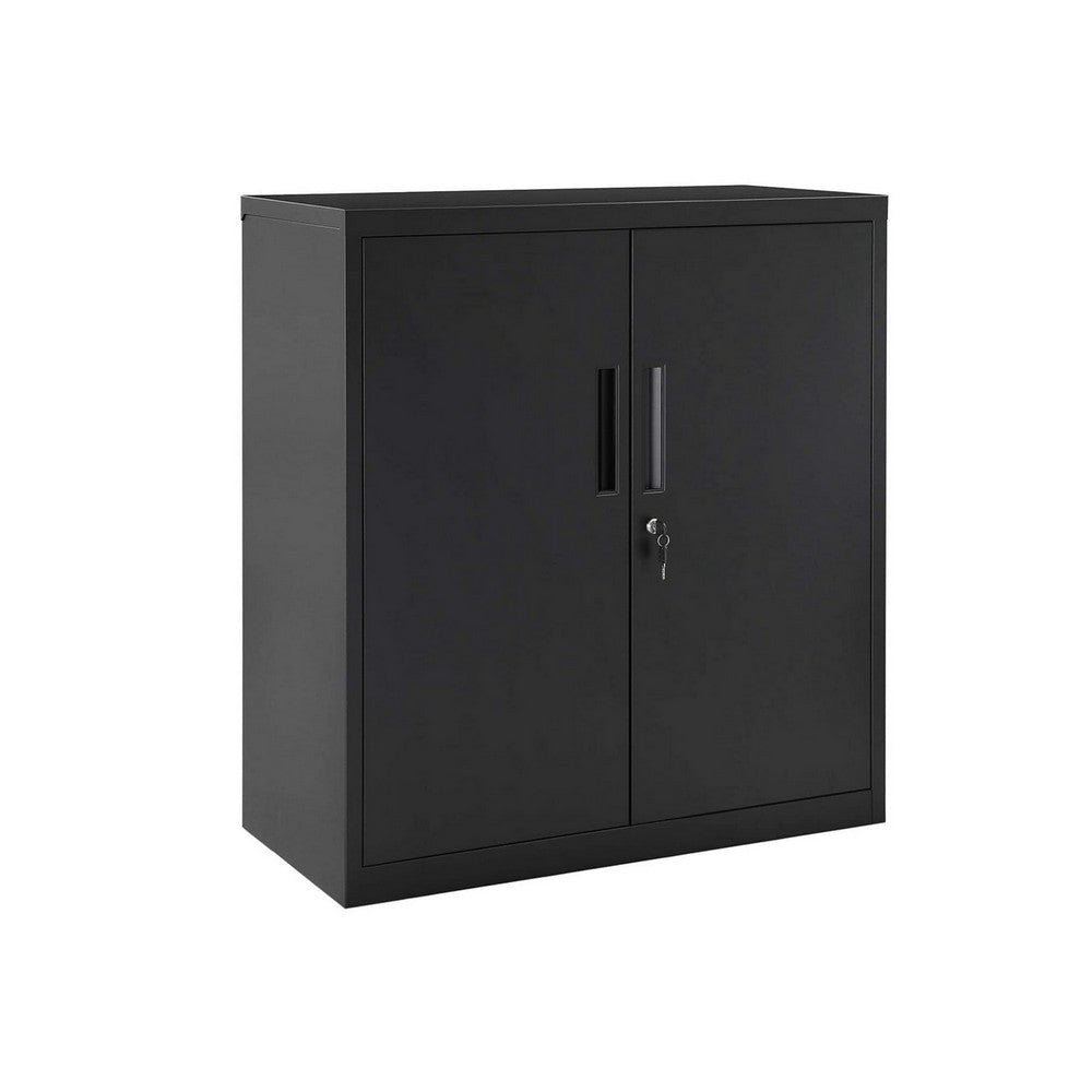 Tira 35 Inch Storage Cabinet with Lock Shelves Cutout Handle Black Metal By Casagear Home BM316264