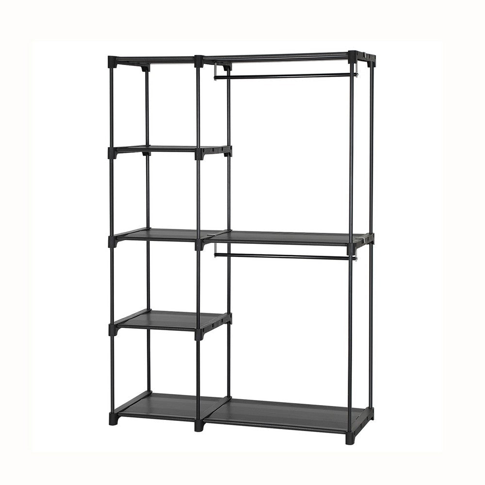 Iko 65 Inch Foldable Wardrobe Rack 2 Hanging Areas 4 Shelves Black Metal By Casagear Home BM316266