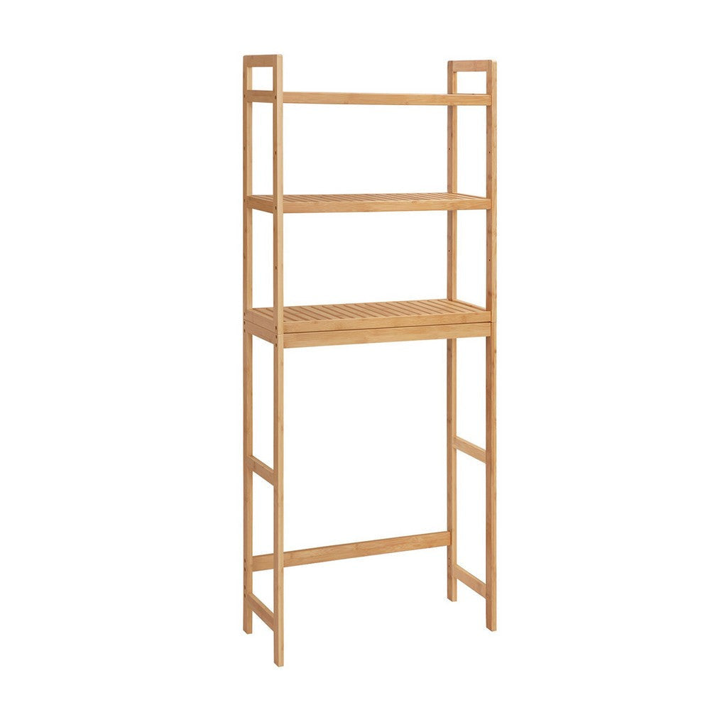 Vali 64 Inch Over Toilet Rack 3 Slatted Style Shelves Brown Bamboo Frame By Casagear Home BM316270