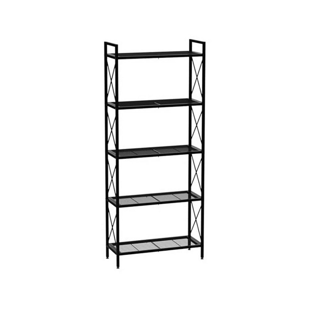 Juvi 57 Inch Storage Rack 5 Shelves Crossbar Sides Dense Mesh Black By Casagear Home BM316274