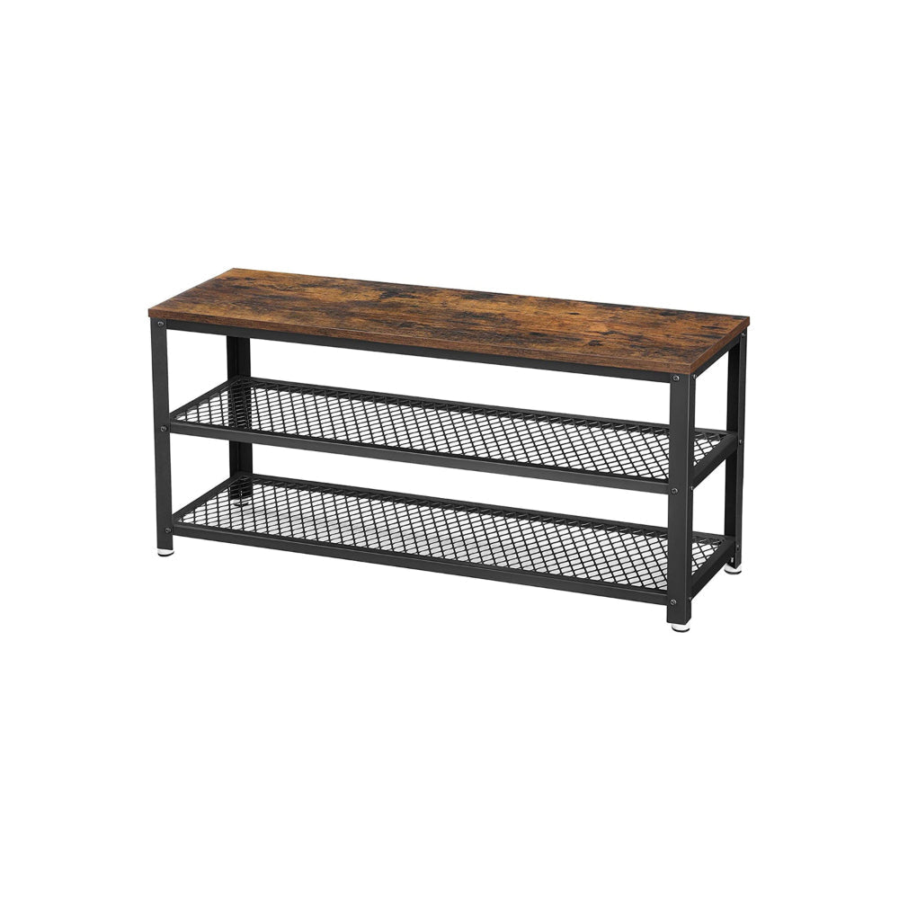 Jex 39 Inch Storage Bench Shoe Rack Mesh Shelves Black Steel Brown Wood By Casagear Home BM316294