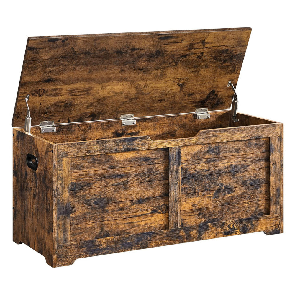 Lea 39 Inch Storage Bench Chest with Safety Hinges Farmhouse Brown Wood By Casagear Home BM316296