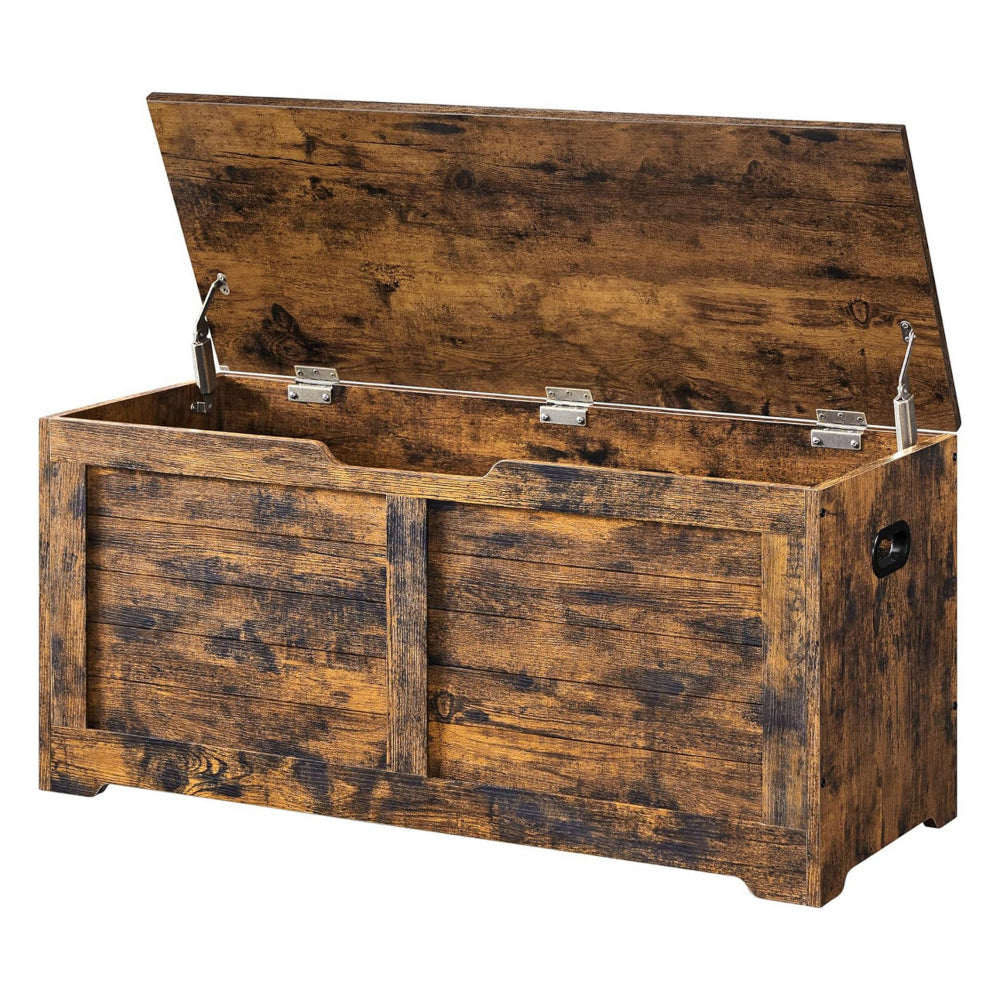 Lea 39 Inch Storage Bench Chest with Safety Hinges Farmhouse Brown Wood By Casagear Home BM316296