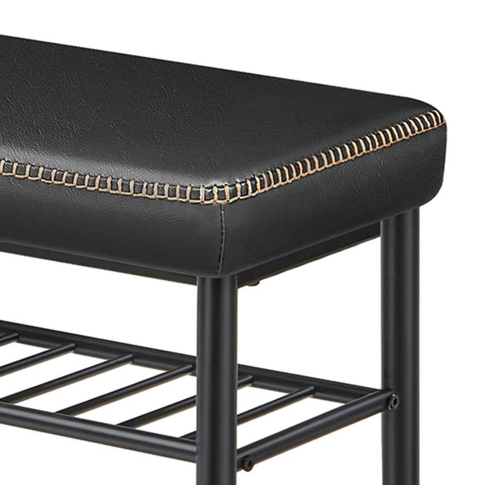 31 Inch Bench with Shoe Rack 2 Shelves Black Faux Leather Top Steel By Casagear Home BM316297