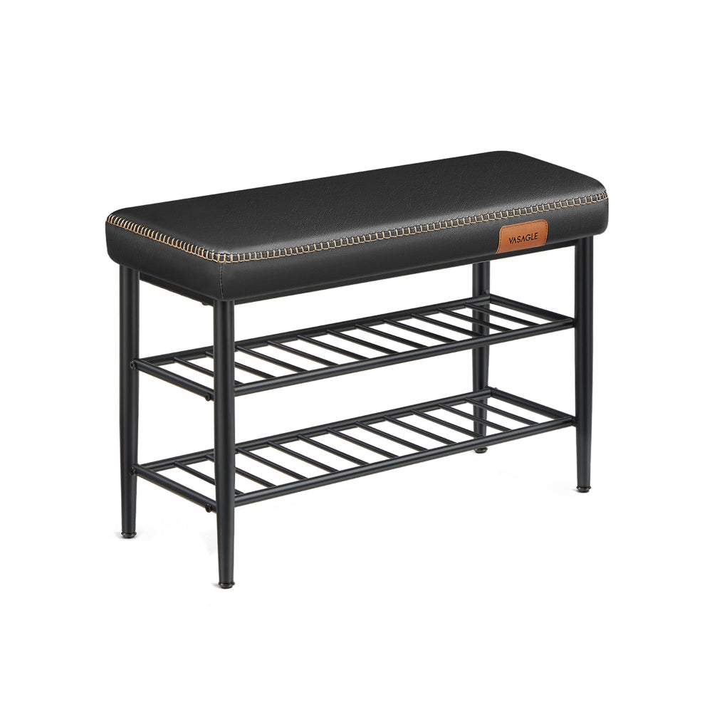 31 Inch Bench with Shoe Rack 2 Shelves Black Faux Leather Top Steel By Casagear Home BM316297