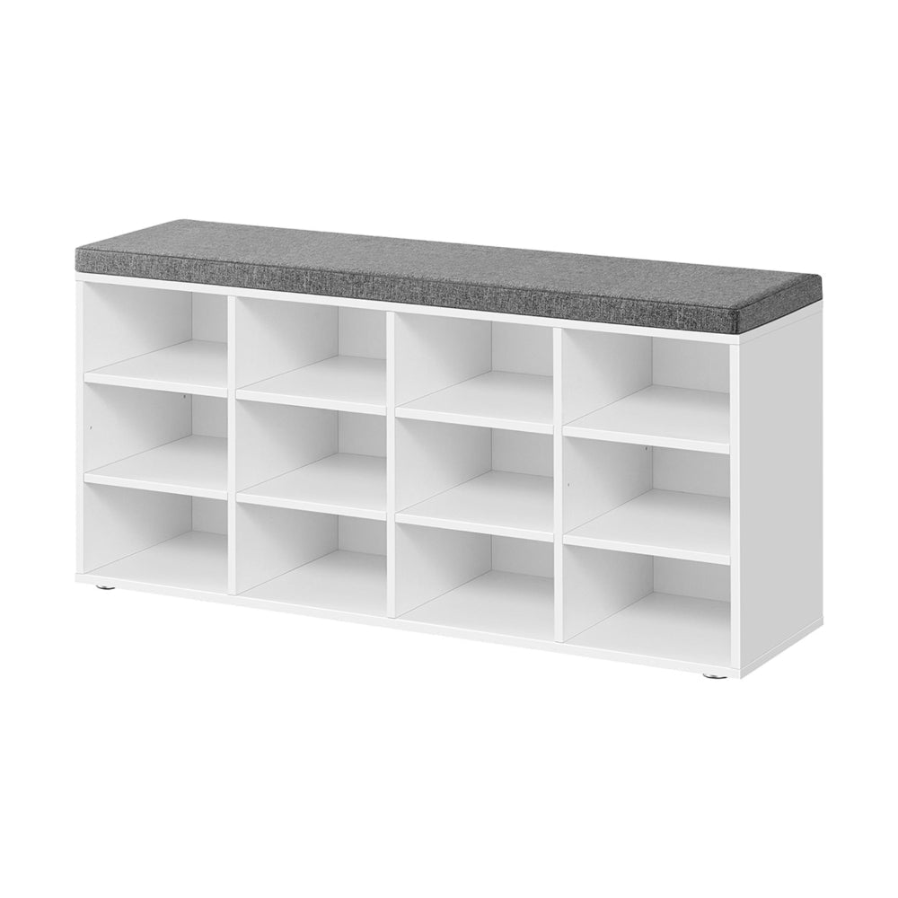 Lyne 41 Inch Shoe Storage Bench 12 Square Shelves Gray Sponge White Wood By Casagear Home BM316298