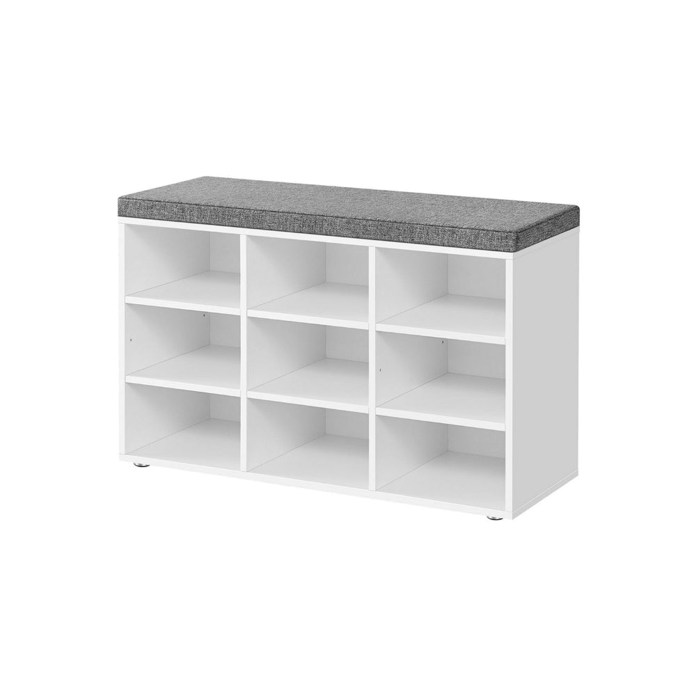 Lyne 31 Inch Shoe Storage Bench 9 Square Shelves Gray Sponge White Wood By Casagear Home BM316299